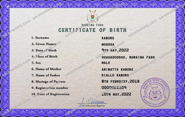 Burkina Faso vital record birth certificate PSD template